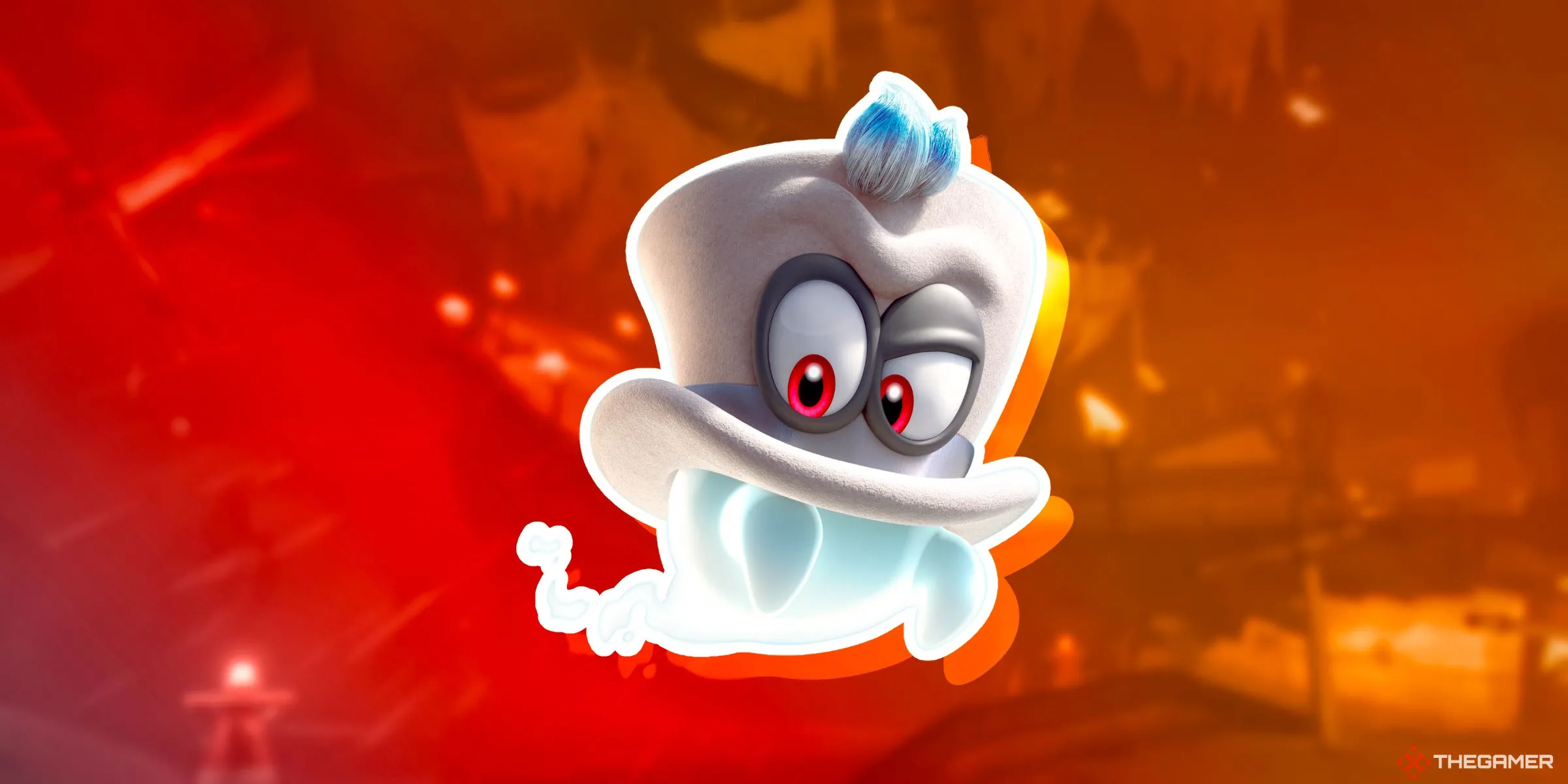 Cappy lơ lửng trên đường đua Wario Shipyard từ Mario Kart World.