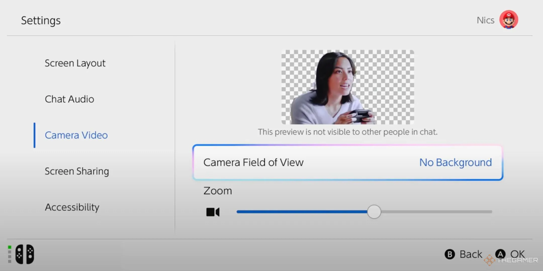 Giao diện lựa chọn hình nền hoặc chế độ hiển thị video trong phần cài đặt Camera của GameChat trên Nintendo Switch 2.