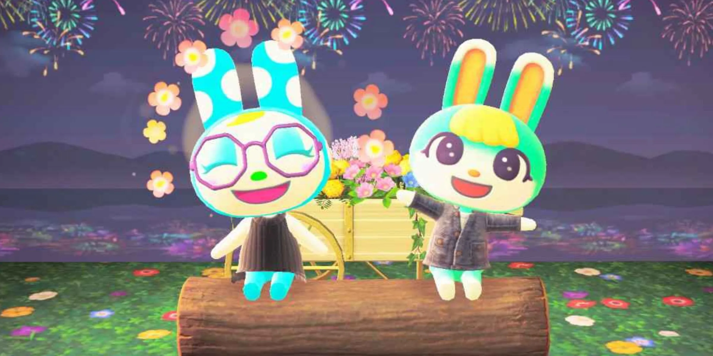 Hai cư dân thỏ Sasha và Francine đang ngồi trên một khúc gỗ trong căn phòng trang trí chủ đề lễ hội trong Animal Crossing: New Horizons