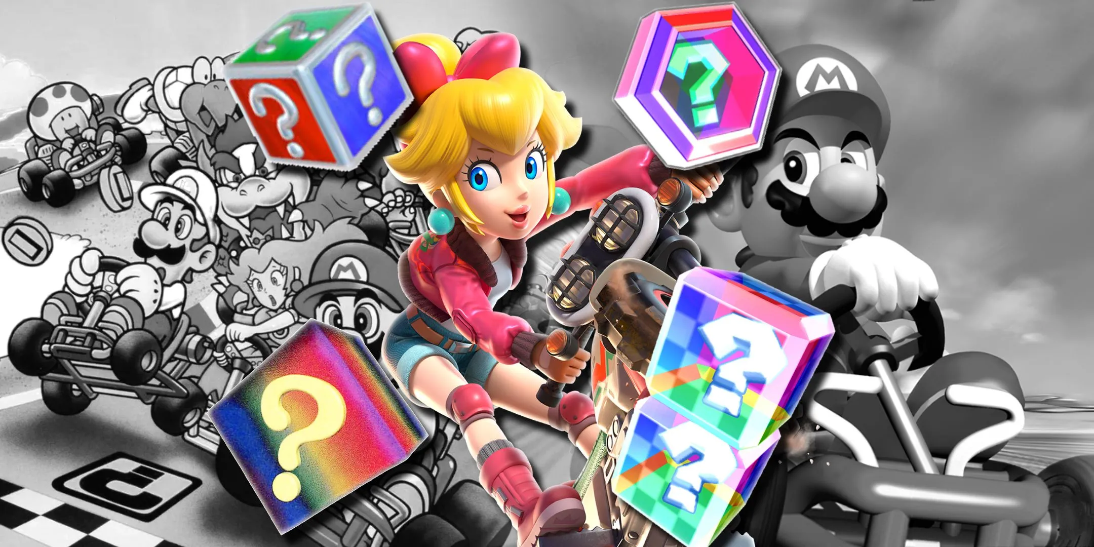 Hình ảnh chia đôi giữa minh họa đen trắng từ Super Mario Kart và Mario Kart 64, với Peach từ Mario Kart World và nhiều hộp vật phẩm từ khắp series được tô màu đặt phía trên.