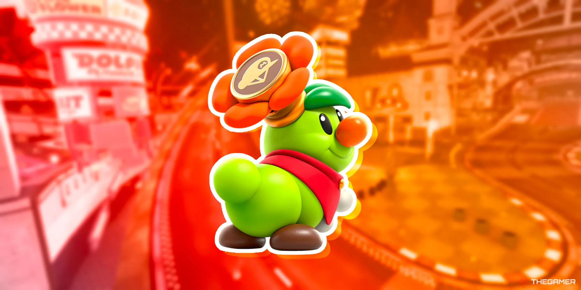Hoàng tử Florian đeo huy hiệu trên đường đua Sân vận động Peach từ Mario Kart World.