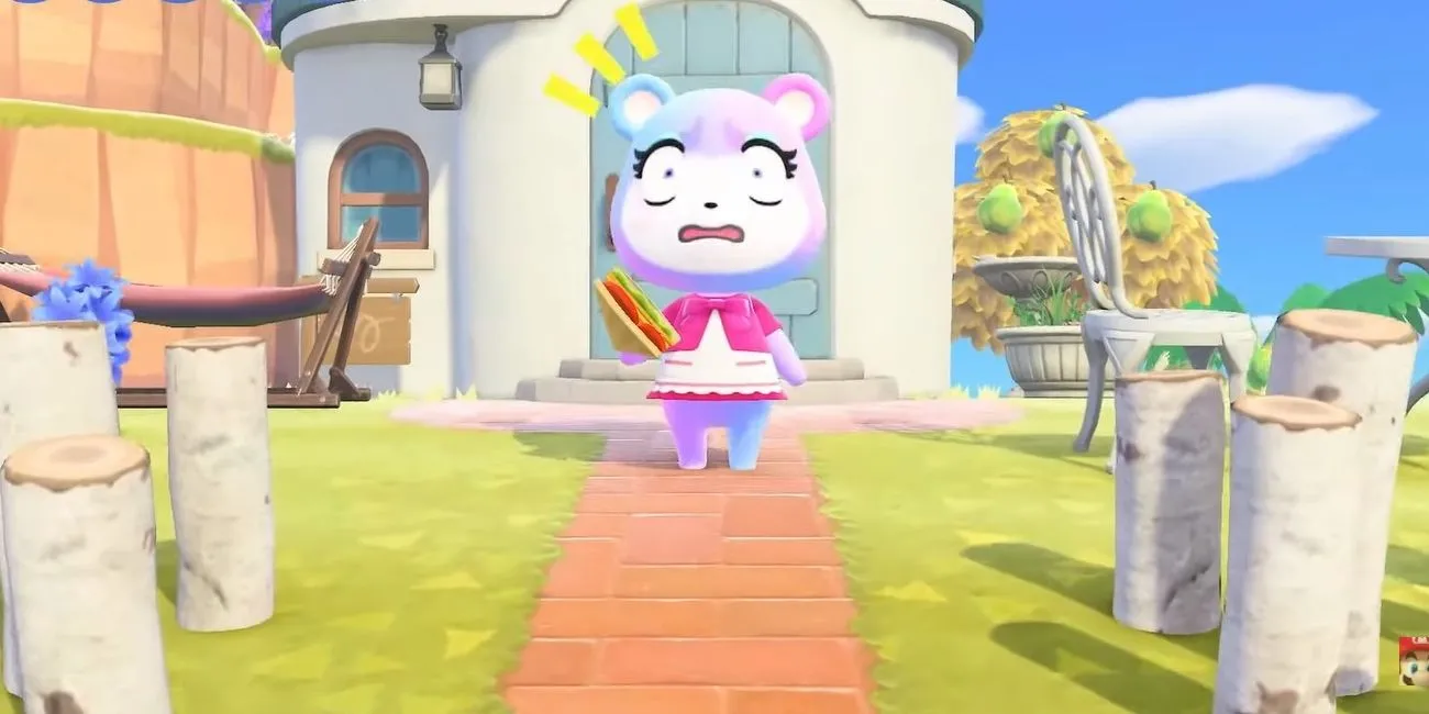 Judy trông giật mình khi đang cầm một chiếc bánh sandwich trong Animal Crossing: New Horizons