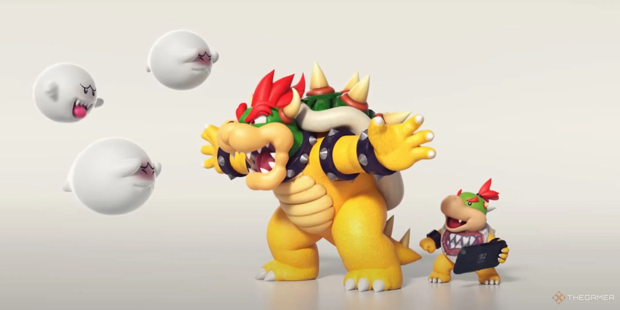Minh họa Bowser 'bảo vệ' Baby Bowser khỏi các con ma Boo, thể hiện tính năng báo cáo người chơi xấu trong GameChat Switch 2.