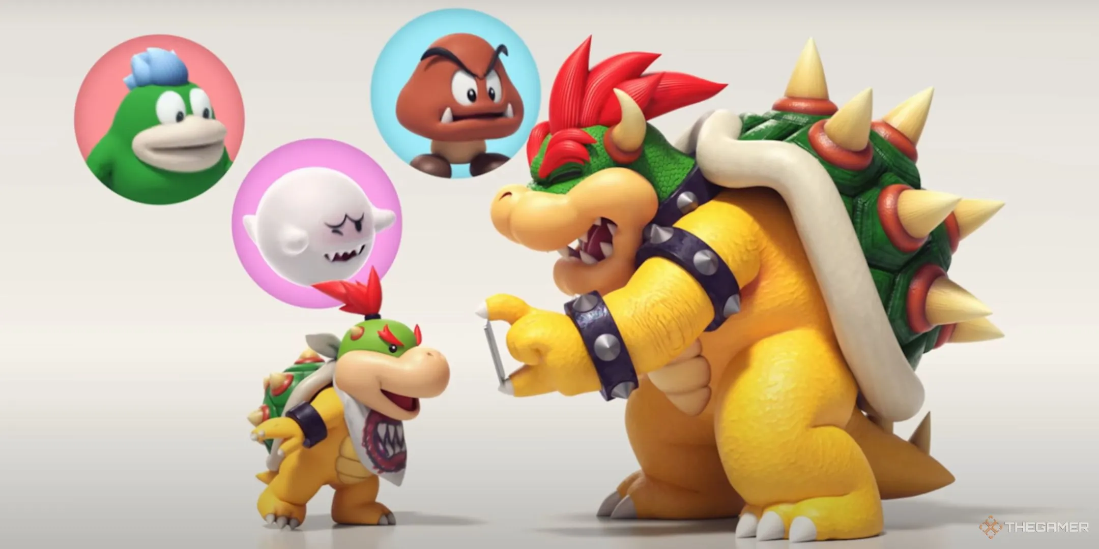 Minh họa nhân vật Bowser 'duyệt' danh sách bạn bè GameChat của Baby Bowser trên Nintendo Switch 2.