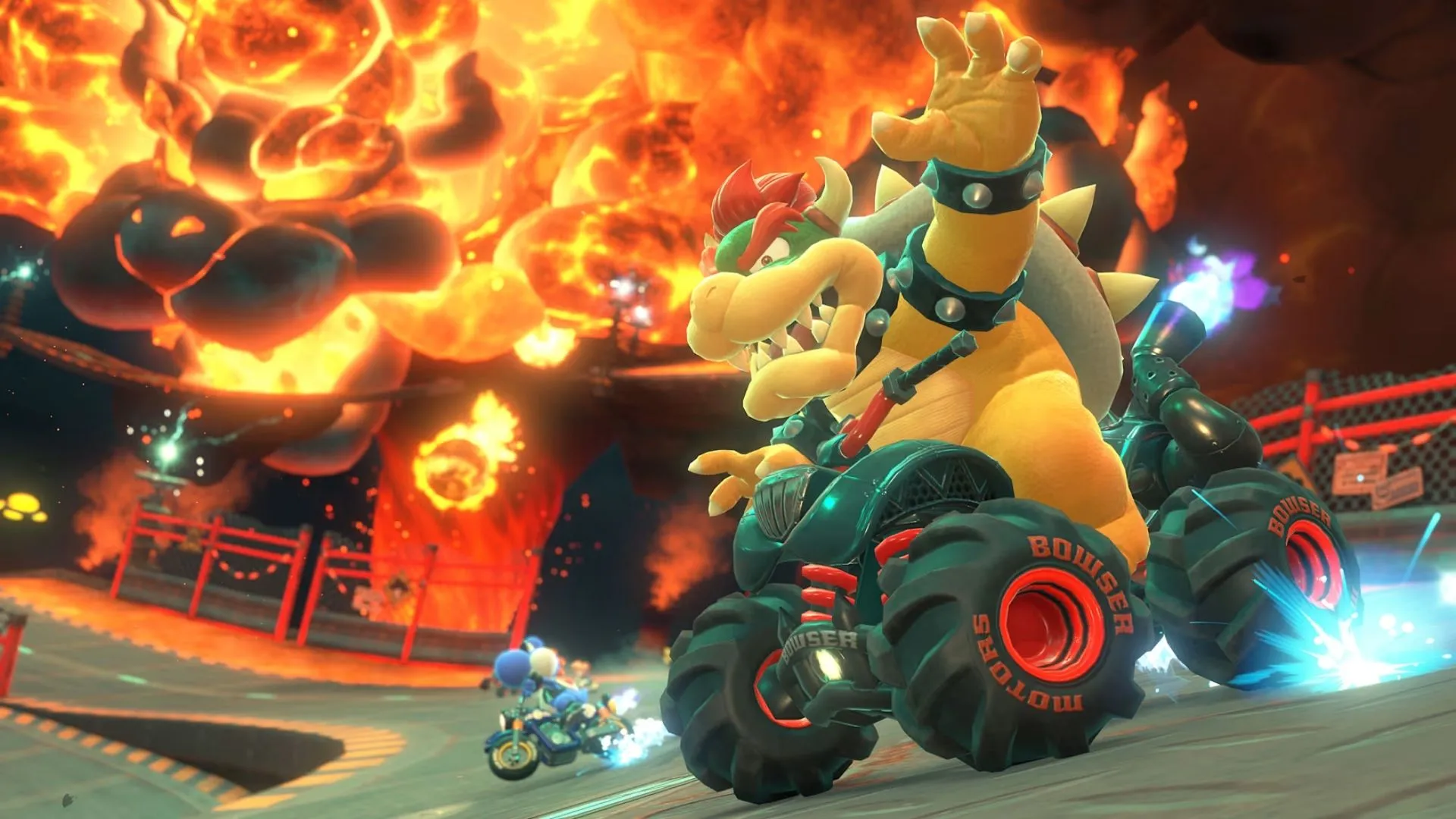 Một nhân vật nổi tiếng trong Mario Kart World đang thực hiện động tác đua xe trên đường đua