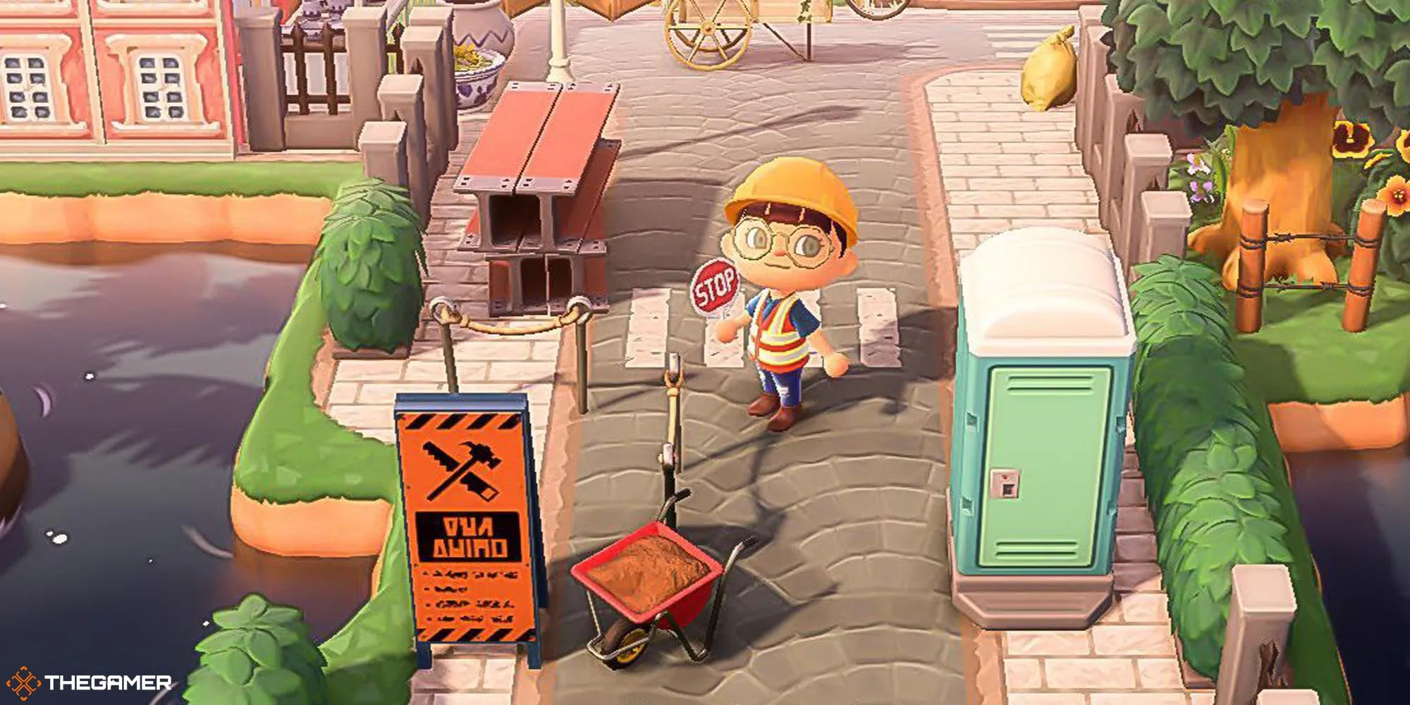 Người chơi mặc đồ công nhân đứng cạnh khu vực xây dựng ở cổng vào đảo trong Animal Crossing: New Horizons