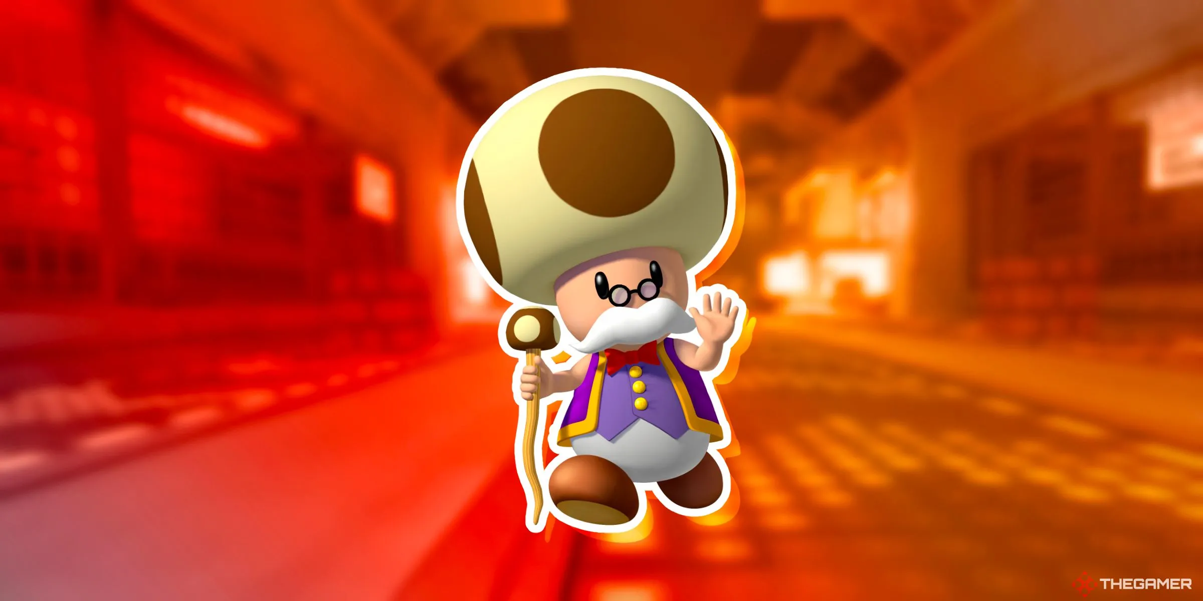 Toadsworth trên đường đua Nhà máy Toad từ Mario Kart World.