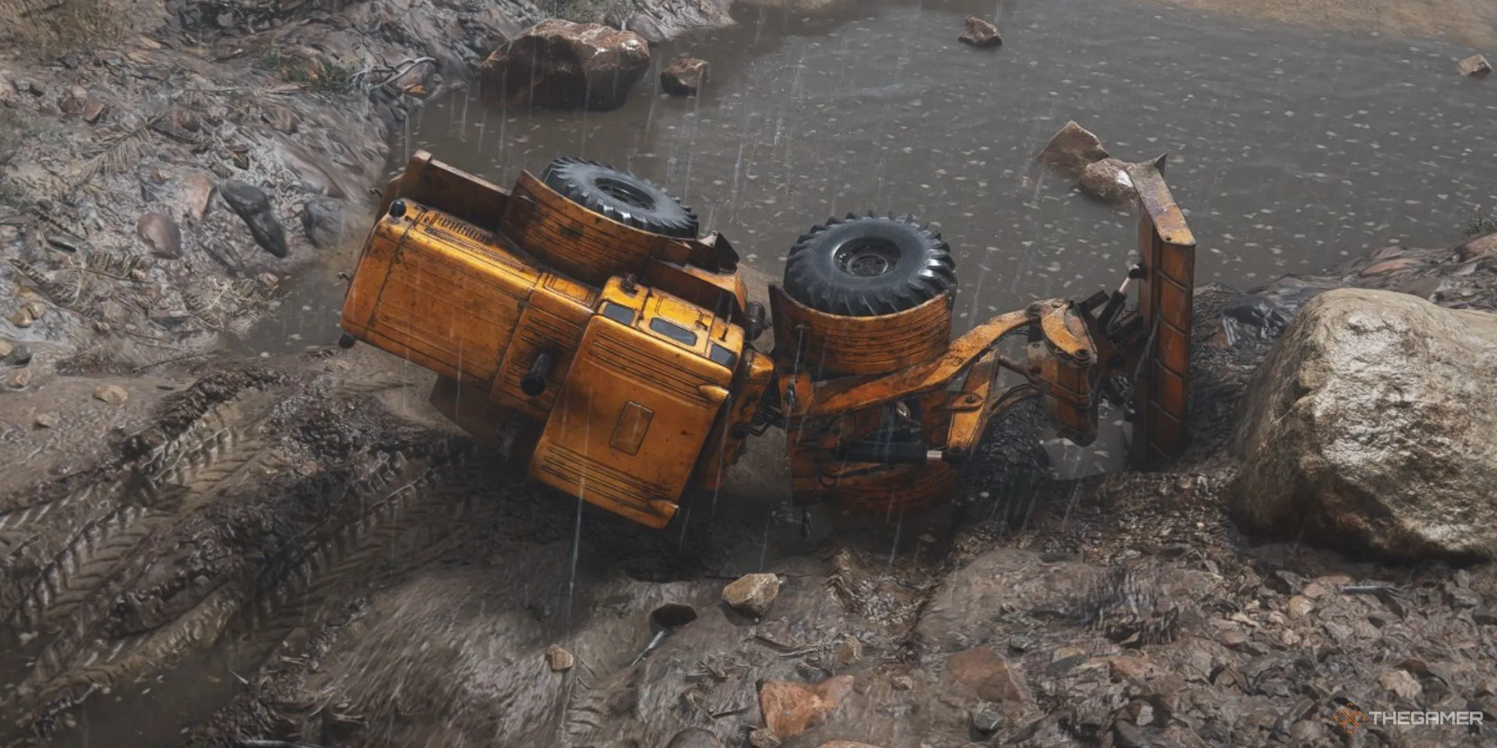 Xe ủi lật nghiêng bị mắc kẹt trong bùn ở RoadCraft