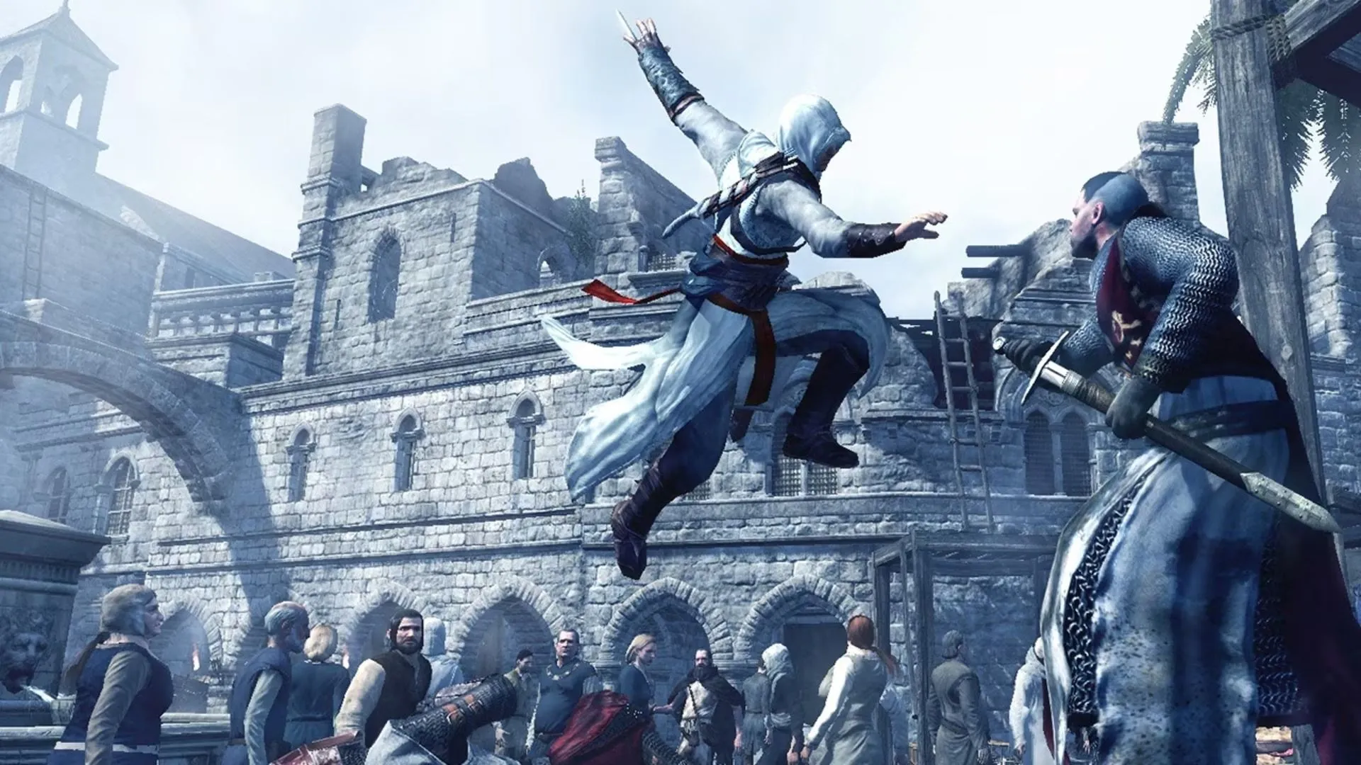 Altair, nhân vật chính của Assassin's Creed 1, đứng trên nóc nhà ở Damascus