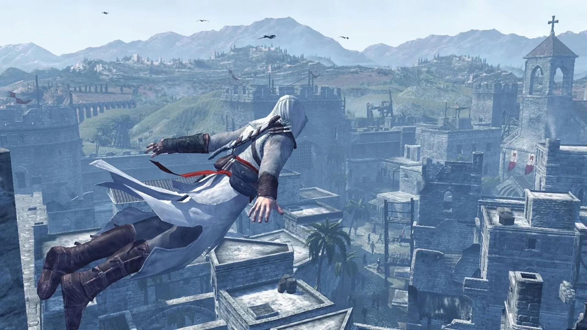 Altair thực hiện cú Leap of Faith từ đỉnh tháp cao trong Assassin's Creed
