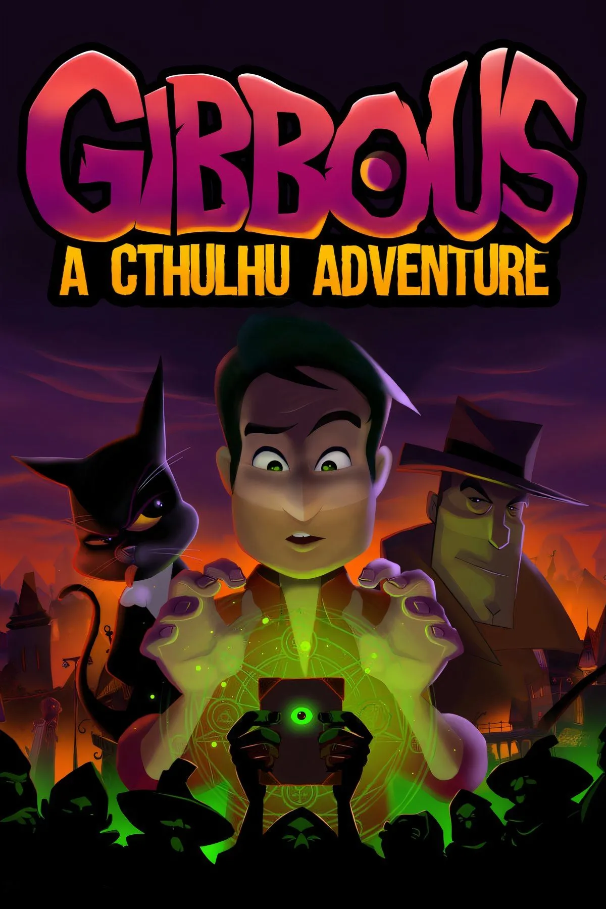 Ảnh bìa game Gibbous A Cthulhu Adventure với nhân vật Buzz Kerwan và mèo Kitteh