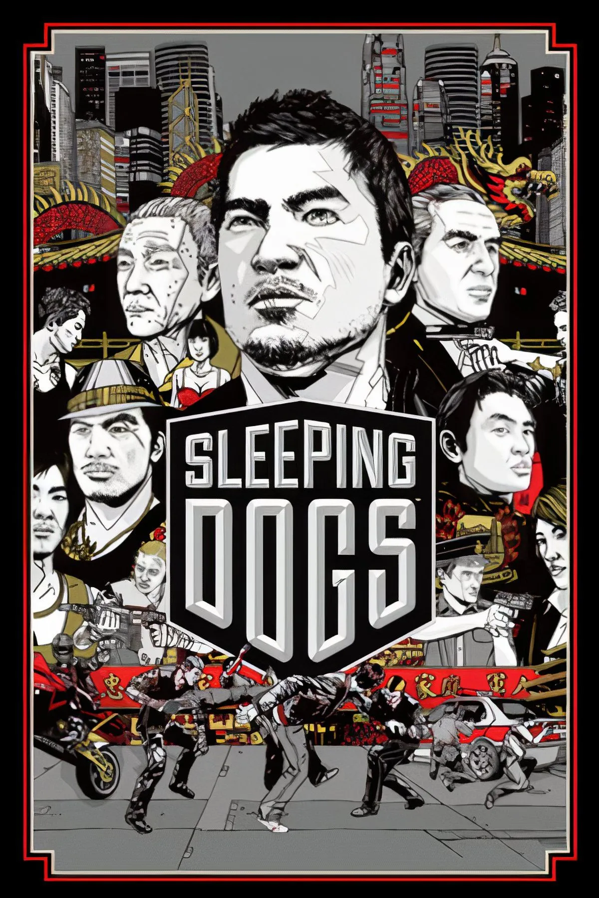 Ảnh bìa game Sleeping Dogs với nhân vật chính Wei Shen và các yếu tố đường phố Hồng Kông
