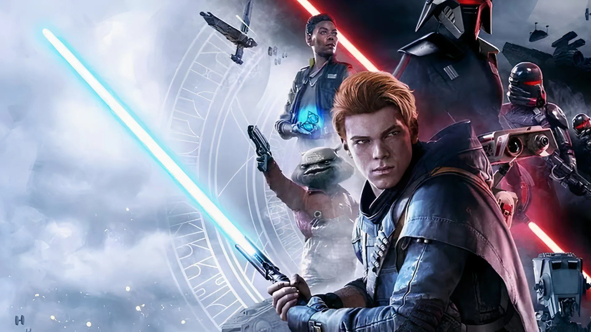 Ảnh bìa game Star Wars Jedi: Fallen Order, thể hiện Cal Kestis cùng thanh lightsaber và droid BD-1