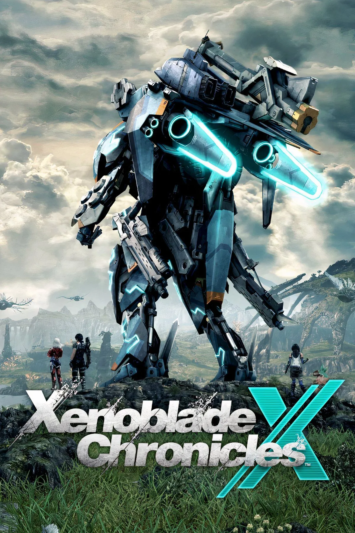 Ảnh bìa game Xenoblade Chronicles X với các nhân vật và robot khổng lồ trong thế giới viễn tưởng