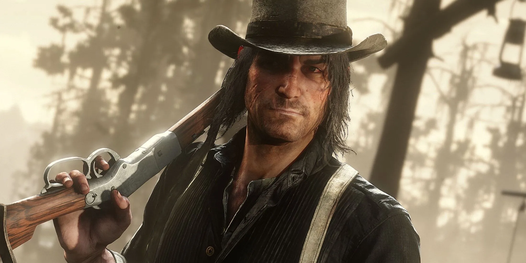Arthur Morgan cưỡi ngựa trong thế giới mở của Red Dead Redemption 2, thể hiện bối cảnh Miền Viễn Tây