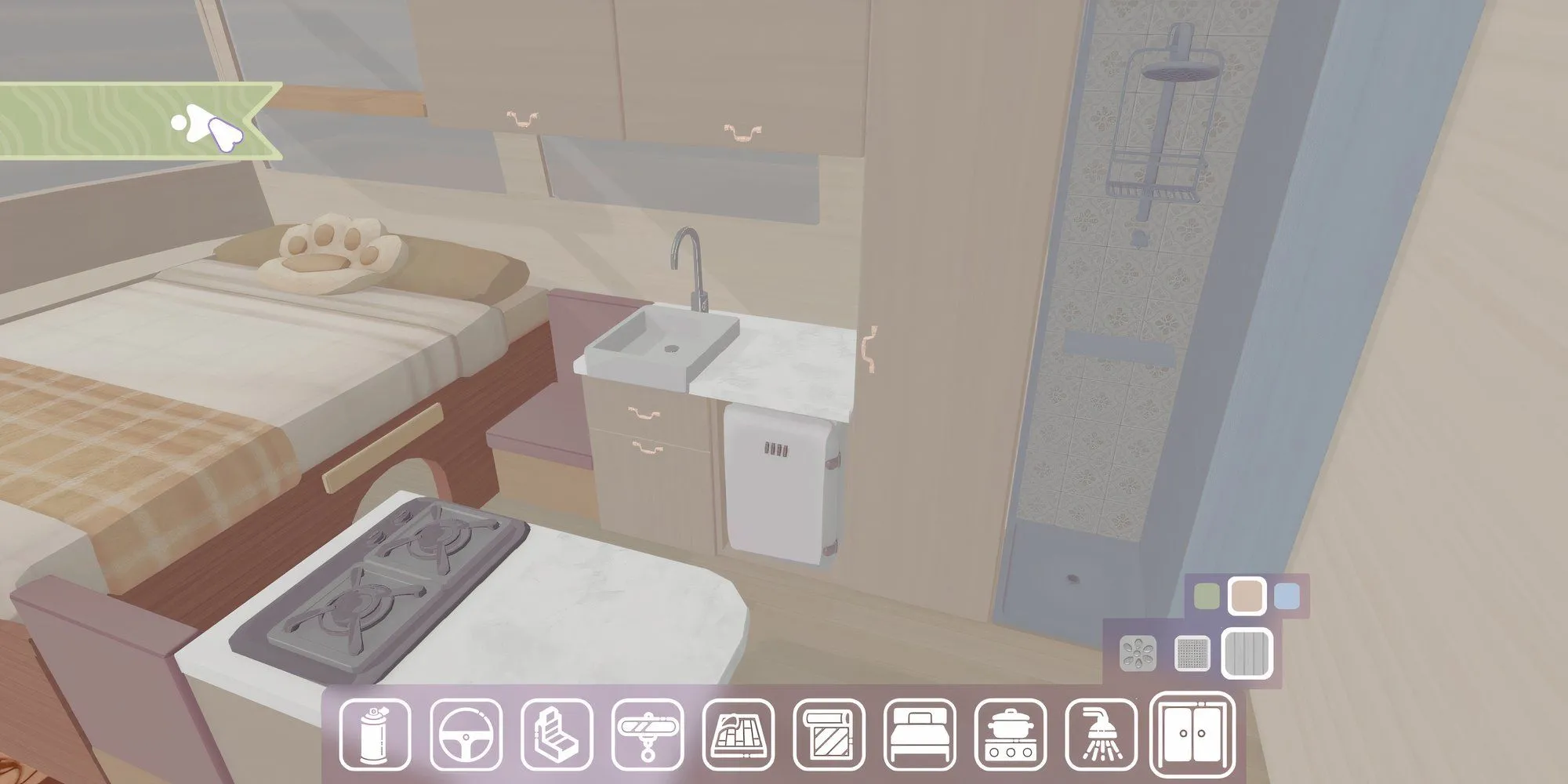 Bên trong xe van đã hoàn thành việc sắp xếp trong game thư giãn Camper Van Make it Home