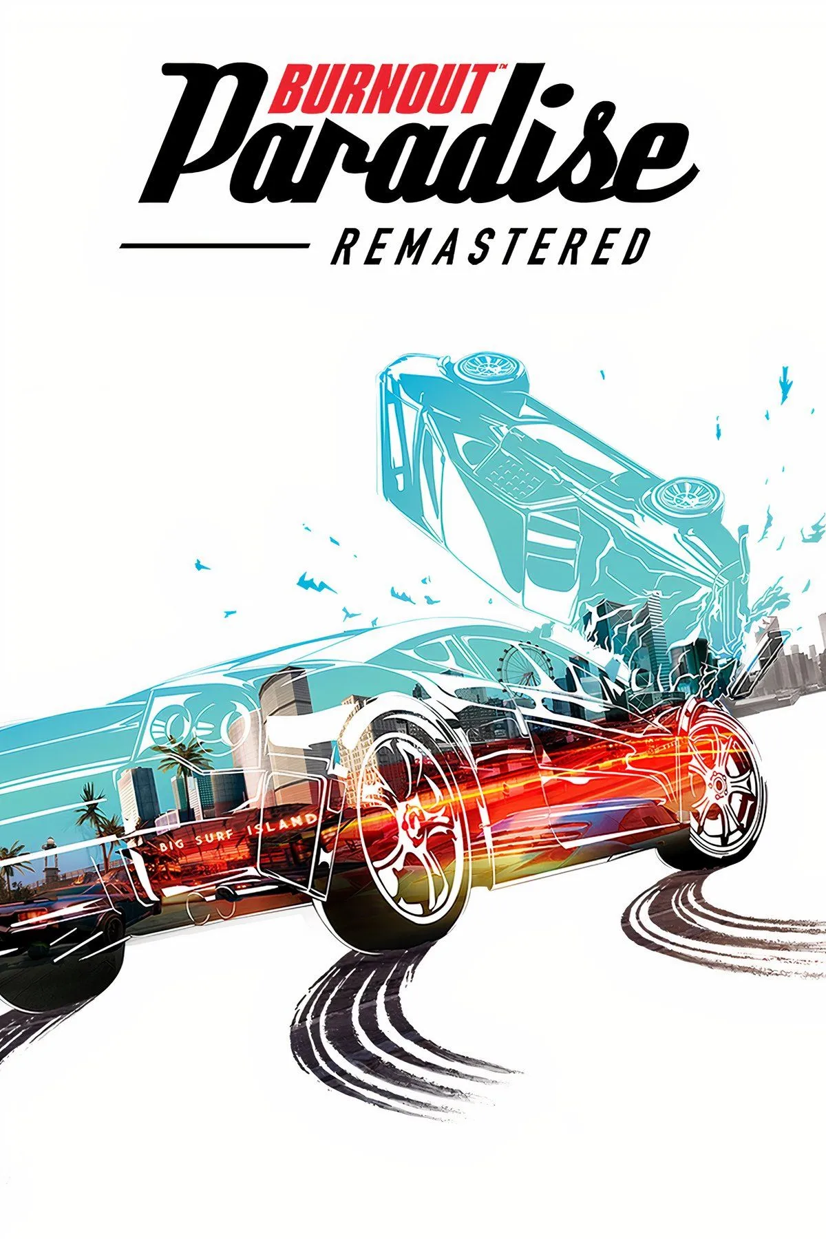 Bìa game Burnout Paradise, gợi nhắc những cuộc đua tốc độ cao và va chạm mãn nhãn trong Paradise City.