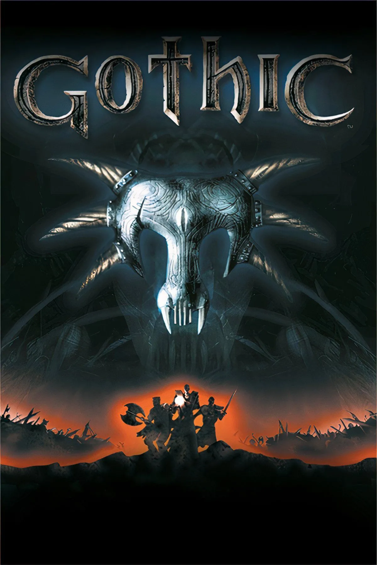 Bìa game Gothic với nhân vật chính đối mặt với quái vật trong một khung cảnh tối tăm