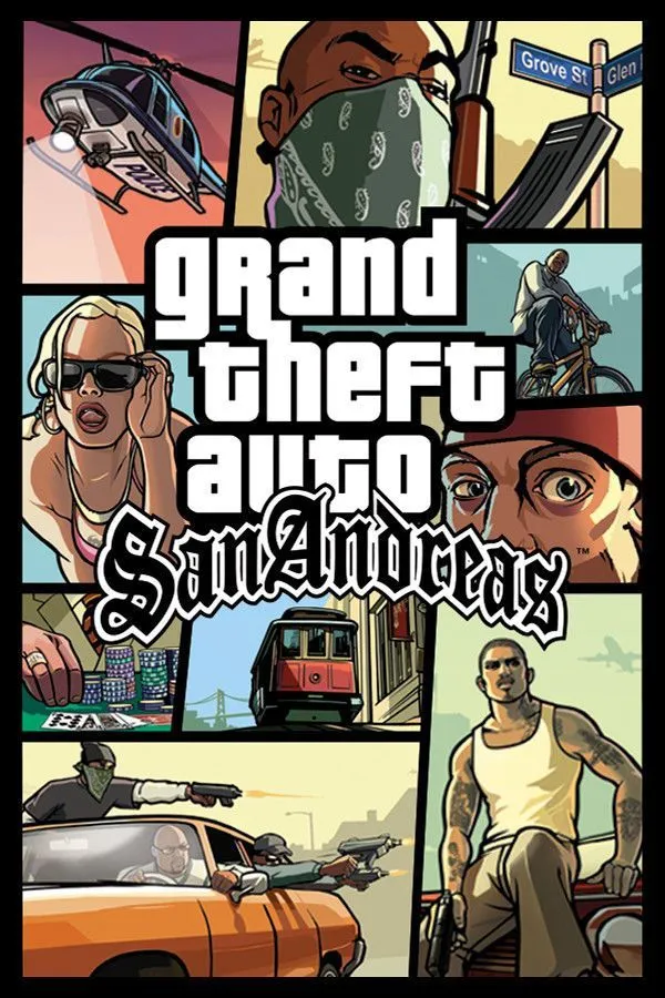 Bìa game Grand Theft Auto: San Andreas, thể hiện sự đa dạng và quy mô rộng lớn của thế giới game.