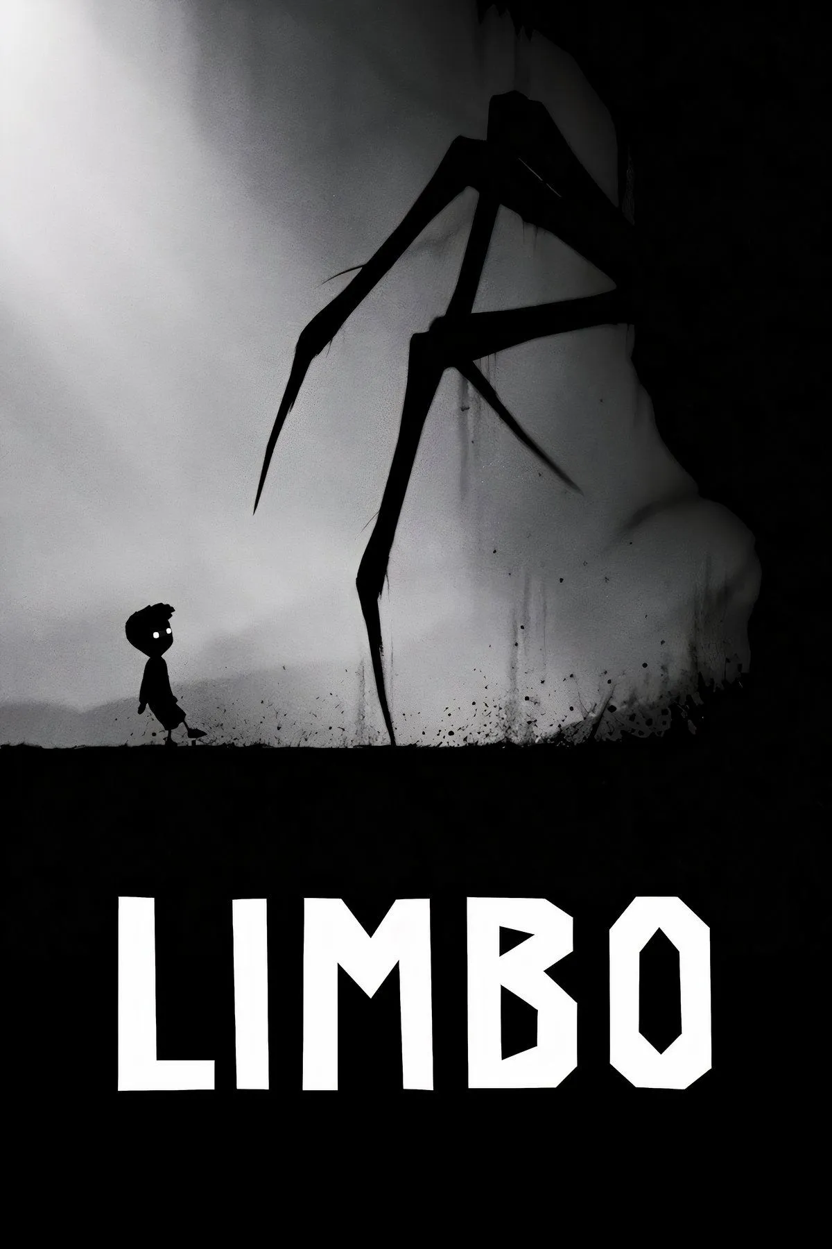 Bìa game Limbo, mô tả một cậu bé đứng đơn độc trong khu rừng đen trắng đầy hiểm nguy, thể hiện không khí u ám, huyền bí.