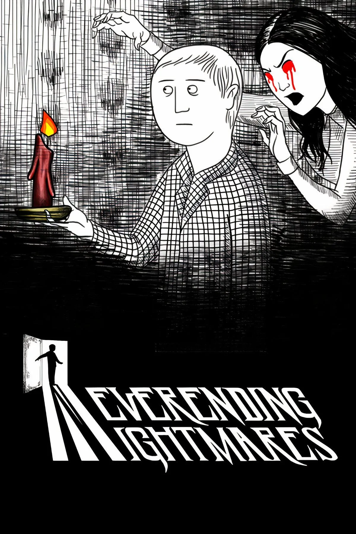 Bìa game Neverending Nightmares, thể hiện phong cách đồ họa vẽ tay đen trắng ám ảnh với nhân vật chính trong khung cảnh ác mộng.