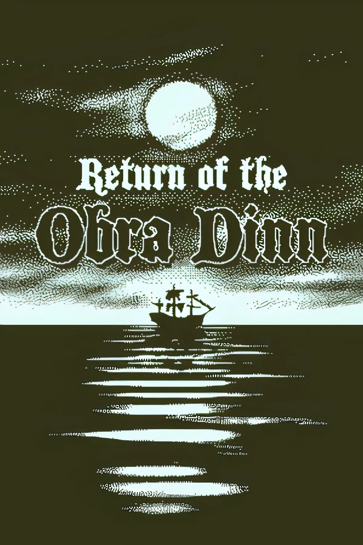 Bìa game Return of the Obra Dinn với con tàu bí ẩn trên biển, thể hiện đồ họa pixelated đen trắng độc đáo và không khí rùng rợn.