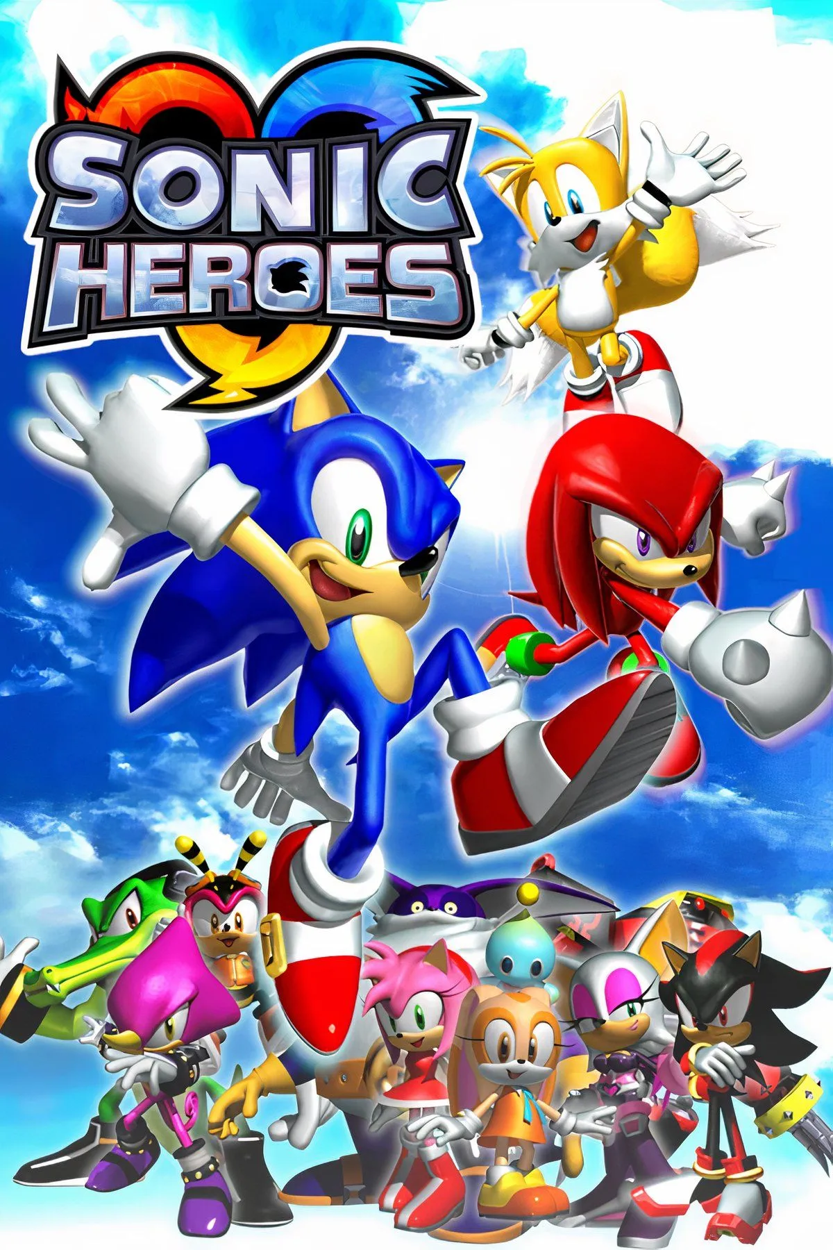 Bìa game Sonic Heroes, thể hiện các nhóm nhân vật khác nhau
