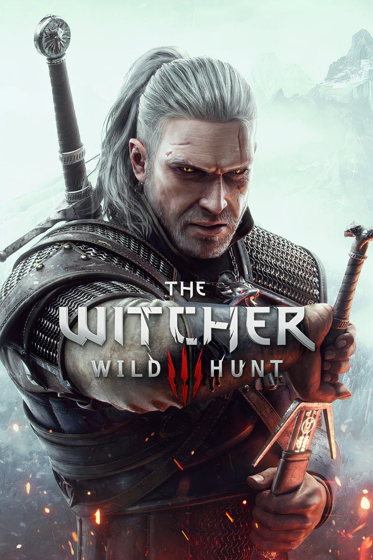 Bìa game The Witcher 3: Wild Hunt với Geralt chiến đấu quái vật trong cảnh tuyết rơi