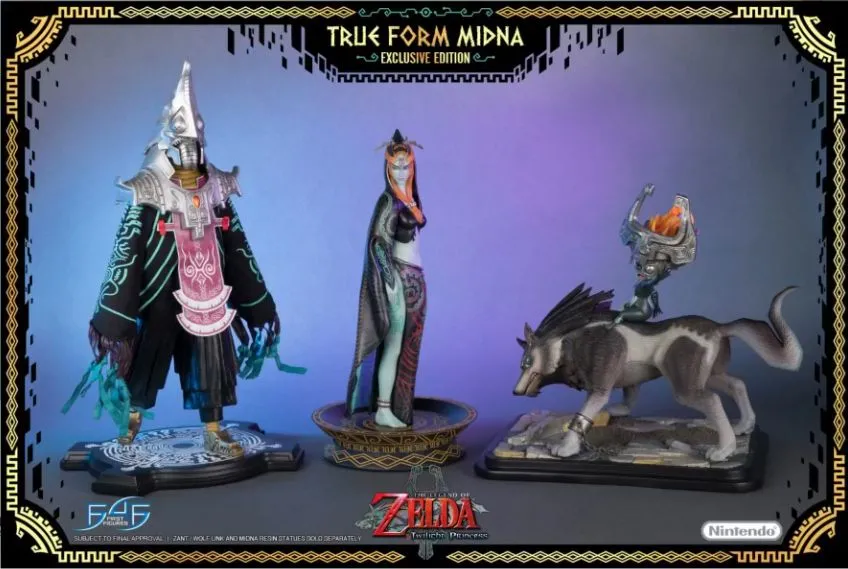 Bộ tượng cao cấp từ First Four Figures mô tả các nhân vật Zant, Midna và Wolf Link trong The Legend of Zelda: Twilight Princess, thể hiện sự tinh xảo trong chế tác.