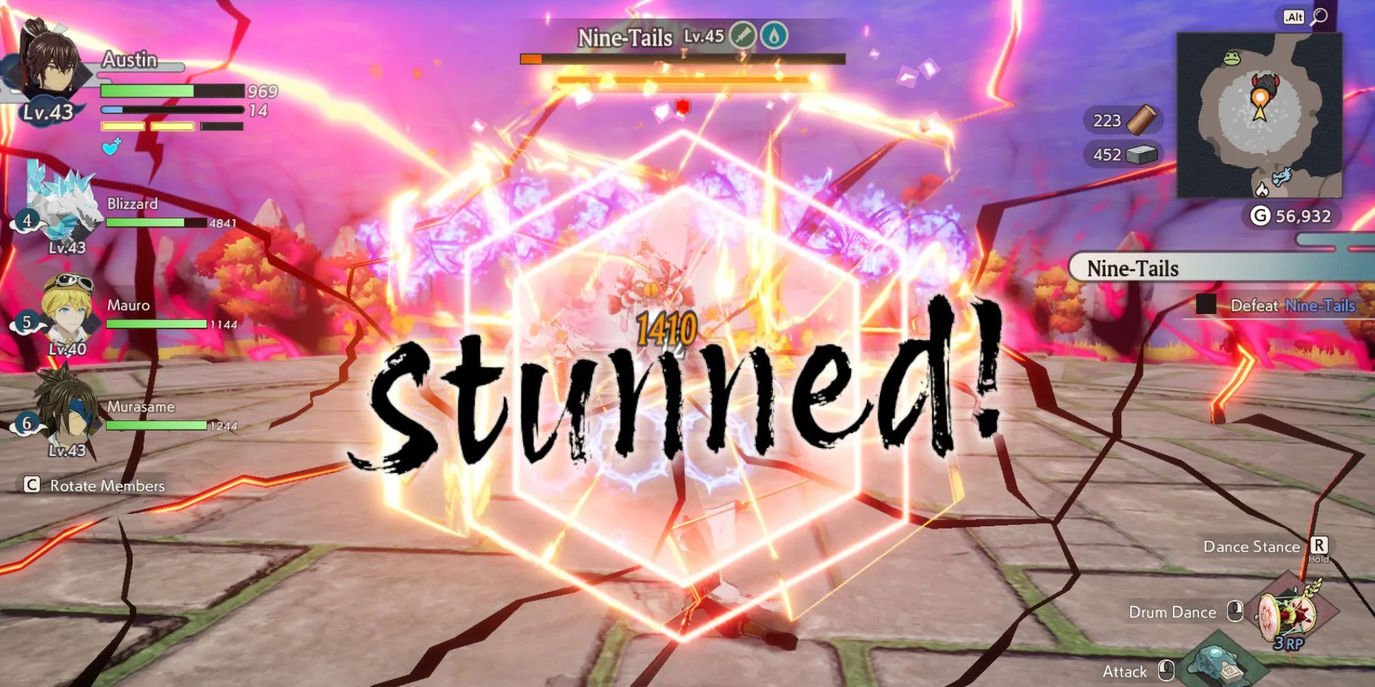 Boss Nine-Tails đang bị choáng (stun) trong Rune Factory Guardians of Azuma