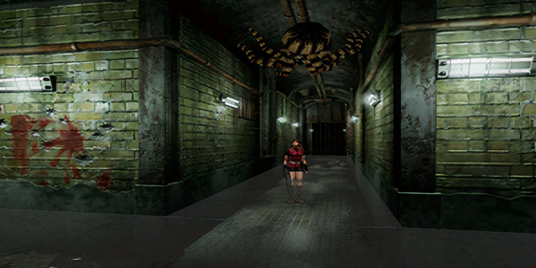 Cận cảnh Claire Redfield trong Resident Evil 2 nhìn một con nhện bò trên tường