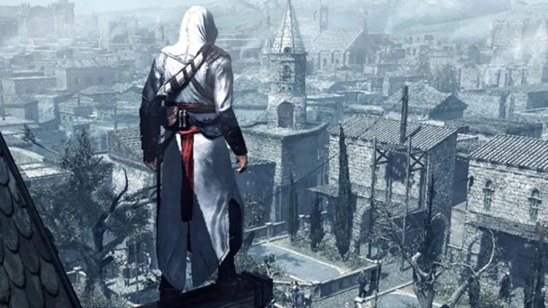 Cận cảnh một cảnh chiến đấu trong Assassin's Creed, nhân vật Altair đang đối đầu với kẻ thù