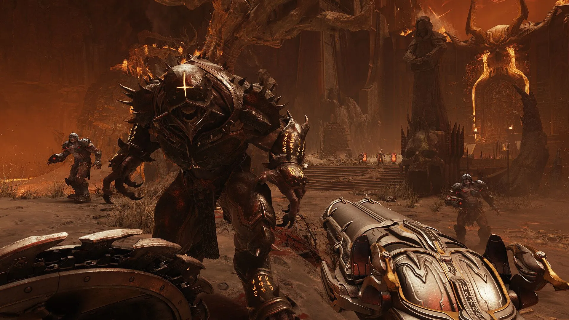 Cảnh chiến đấu dữ dội của Doom Slayer trong DOOM: The Dark Ages, kết hợp yếu tố trung cổ và hiện đại