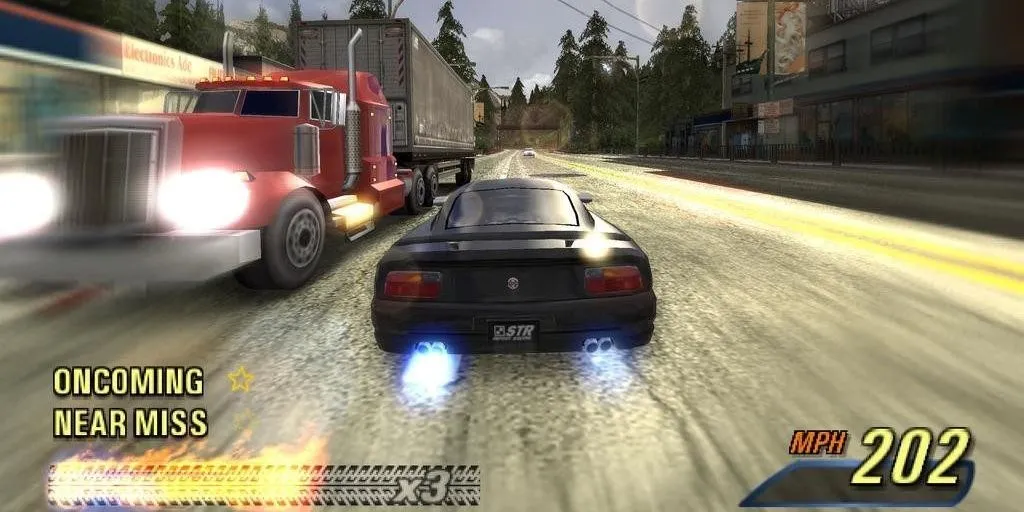 Cảnh đua xe tốc độ cao đầy kịch tính trong Burnout 3: Takedown, tựa game đua xe đáng chơi trên PS2.