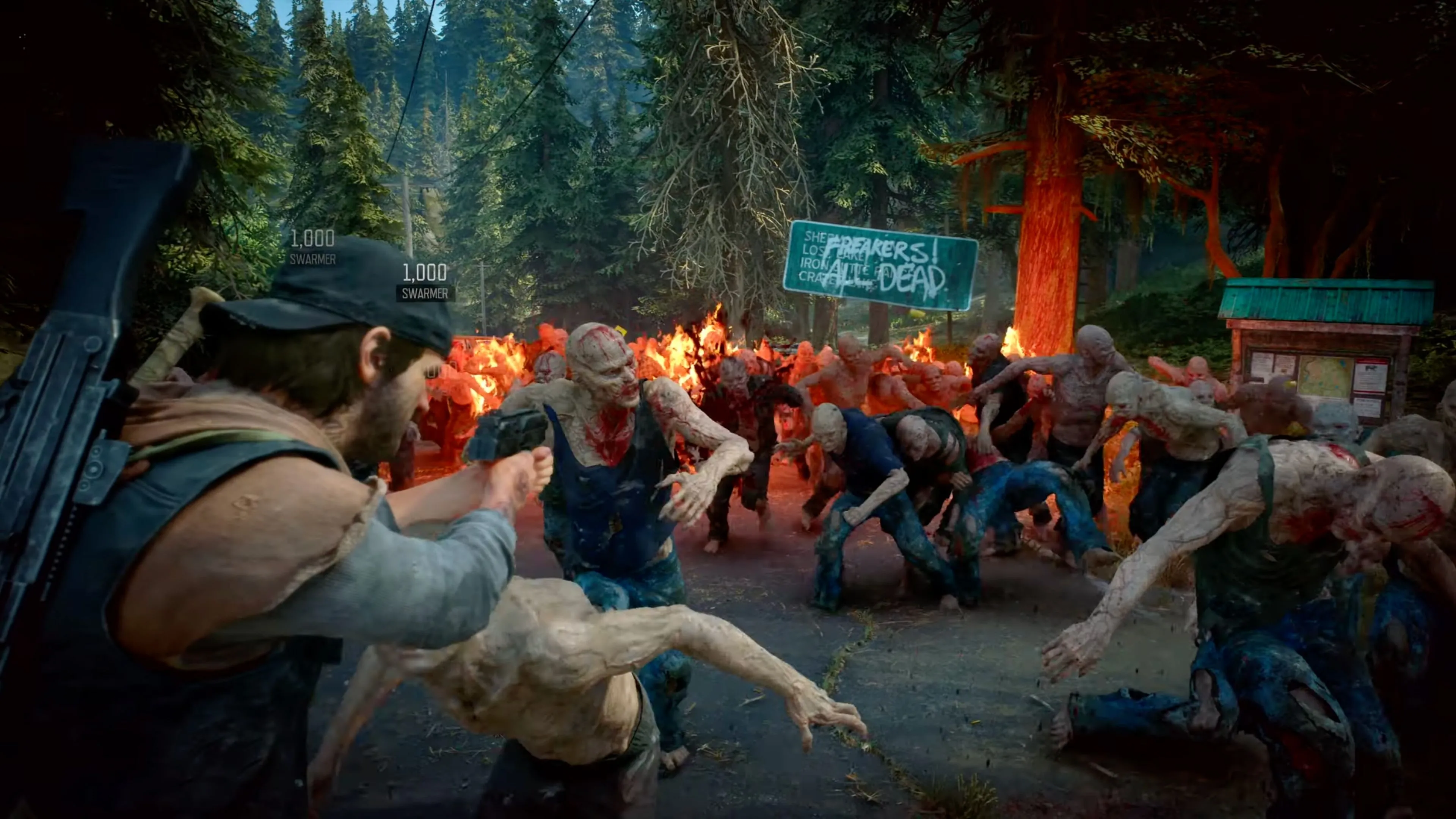 Cảnh trong game Days Gone Remastered với nhân vật chính đối mặt với đám Freakers