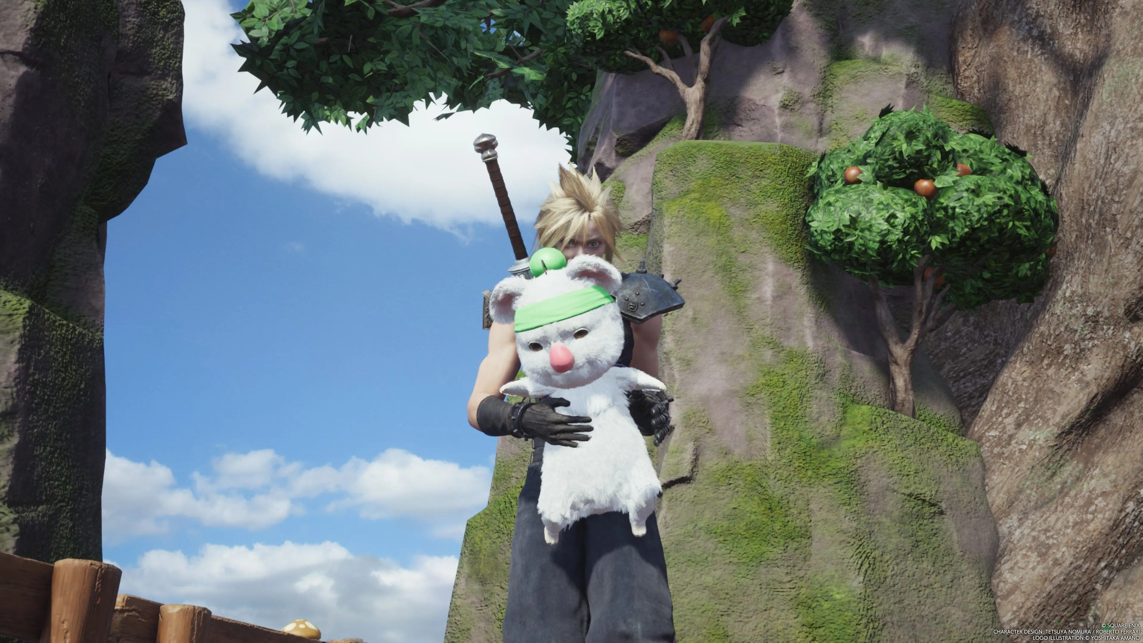 Cloud Strife bế một chú Moogle tại Mogstools trong Final Fantasy 7 Rebirth