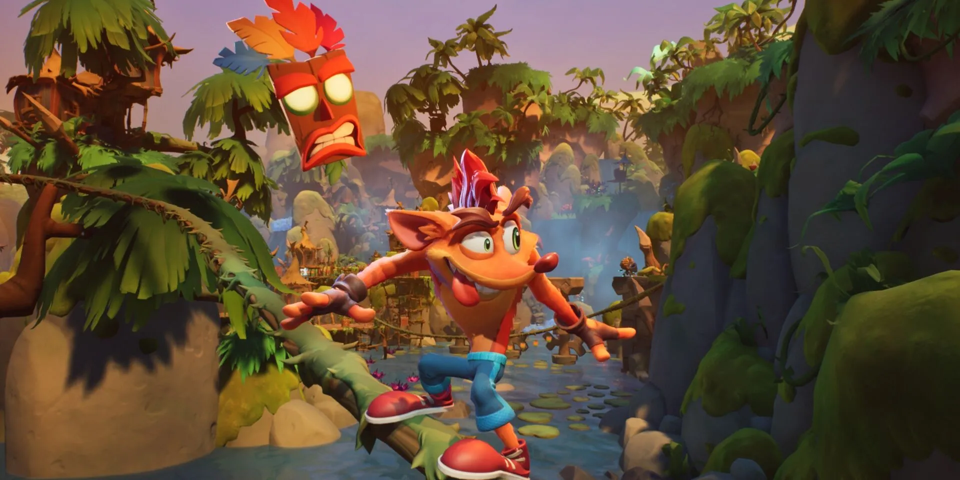 Crash Bandicoot trượt trên dây leo trong tựa game platformer Crash Bandicoot 4: It’s About Time