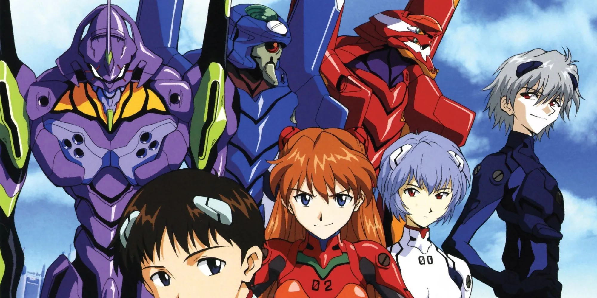 Dàn nhân vật chính Shinji, Rei và Asuka cùng các EVA tương ứng của họ trong Neon Genesis Evangelion.