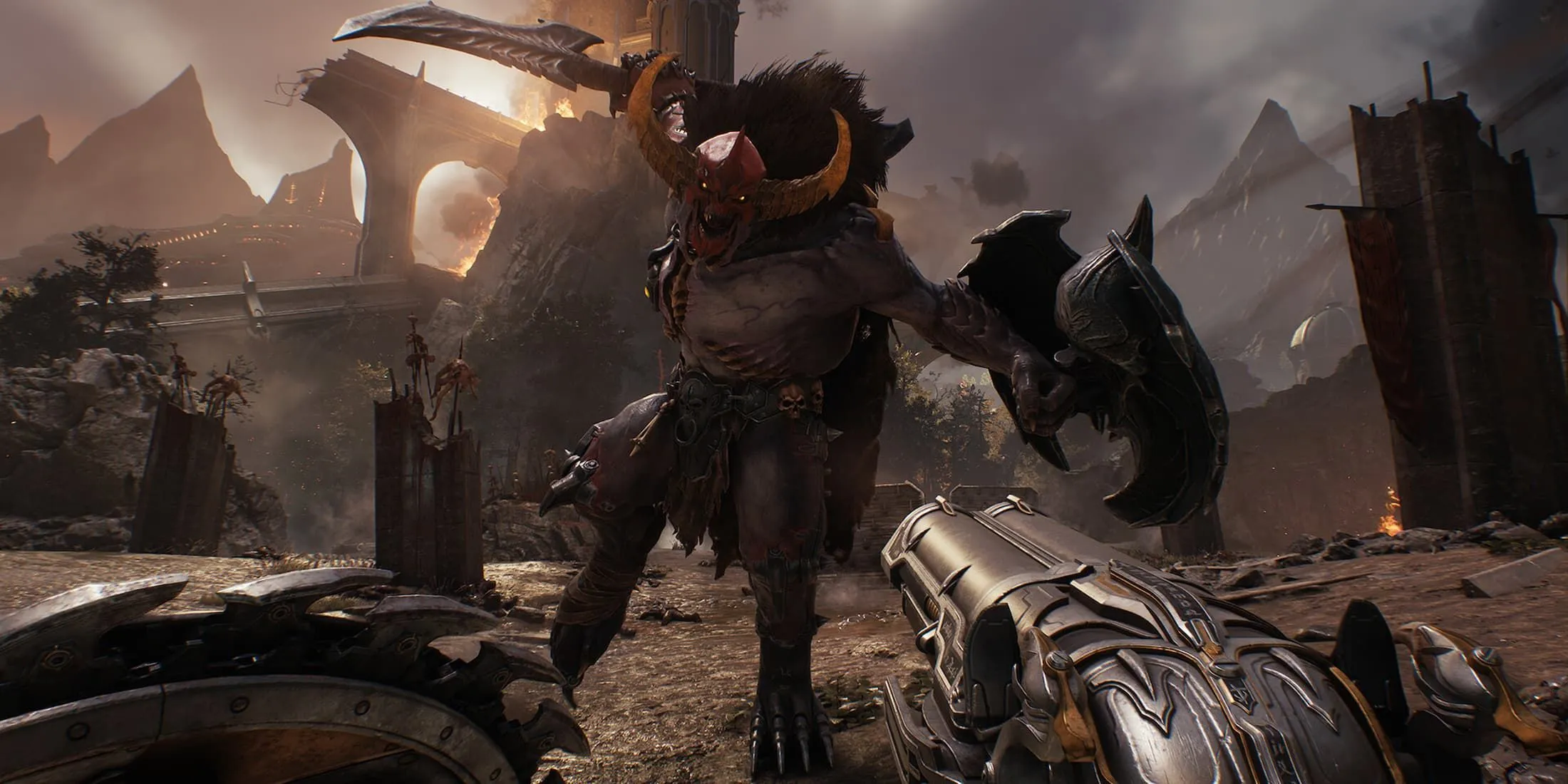 Doom Slayer với khiên và khẩu Super Shotgun trong DOOM: The Dark Ages, sẵn sàng chiến đấu