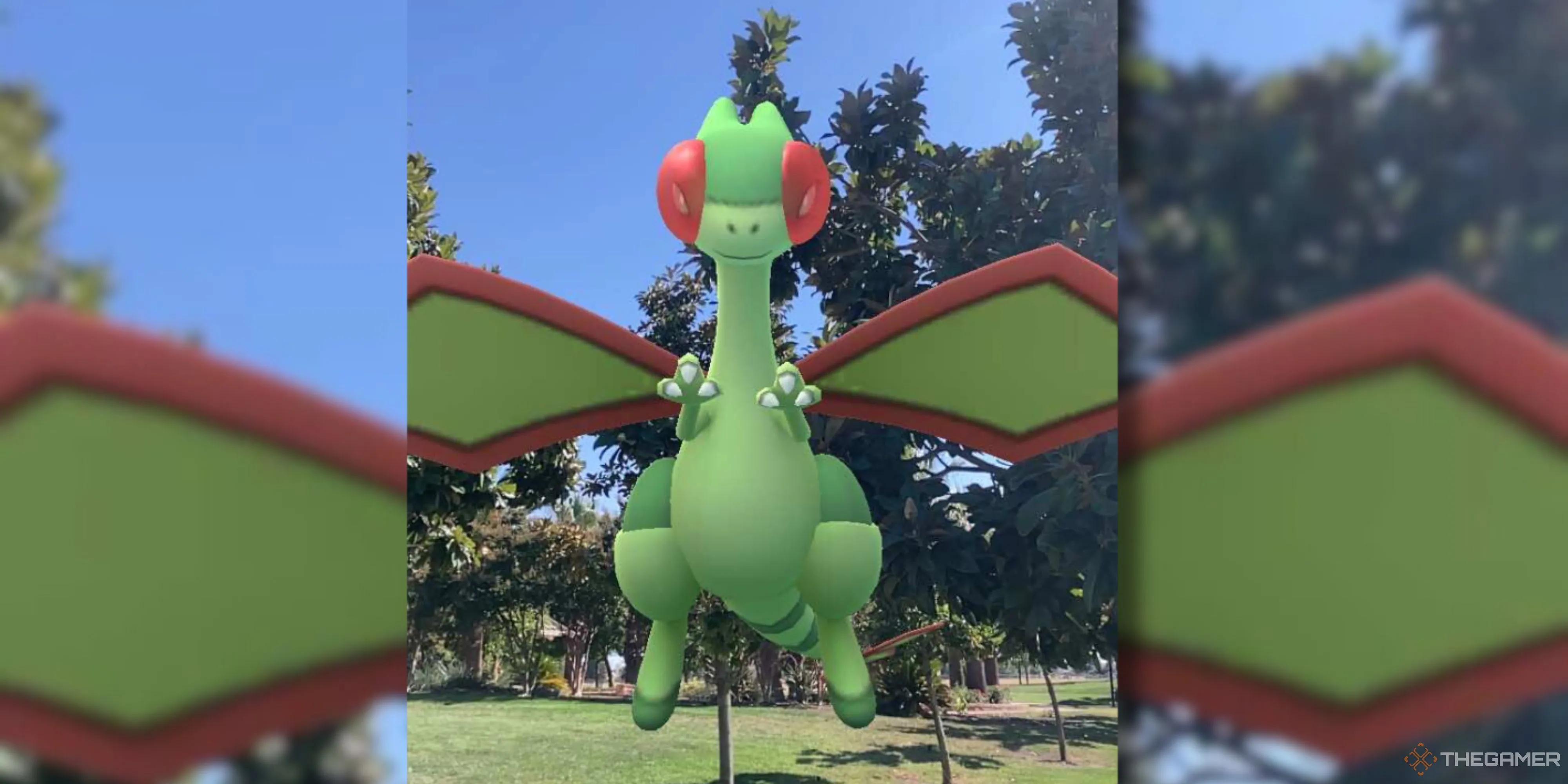 Flygon bay lượn trong không trung trên nền cây xanh trong Pokemon GO, một Pokemon rất được fan mong chờ Mega Evolution