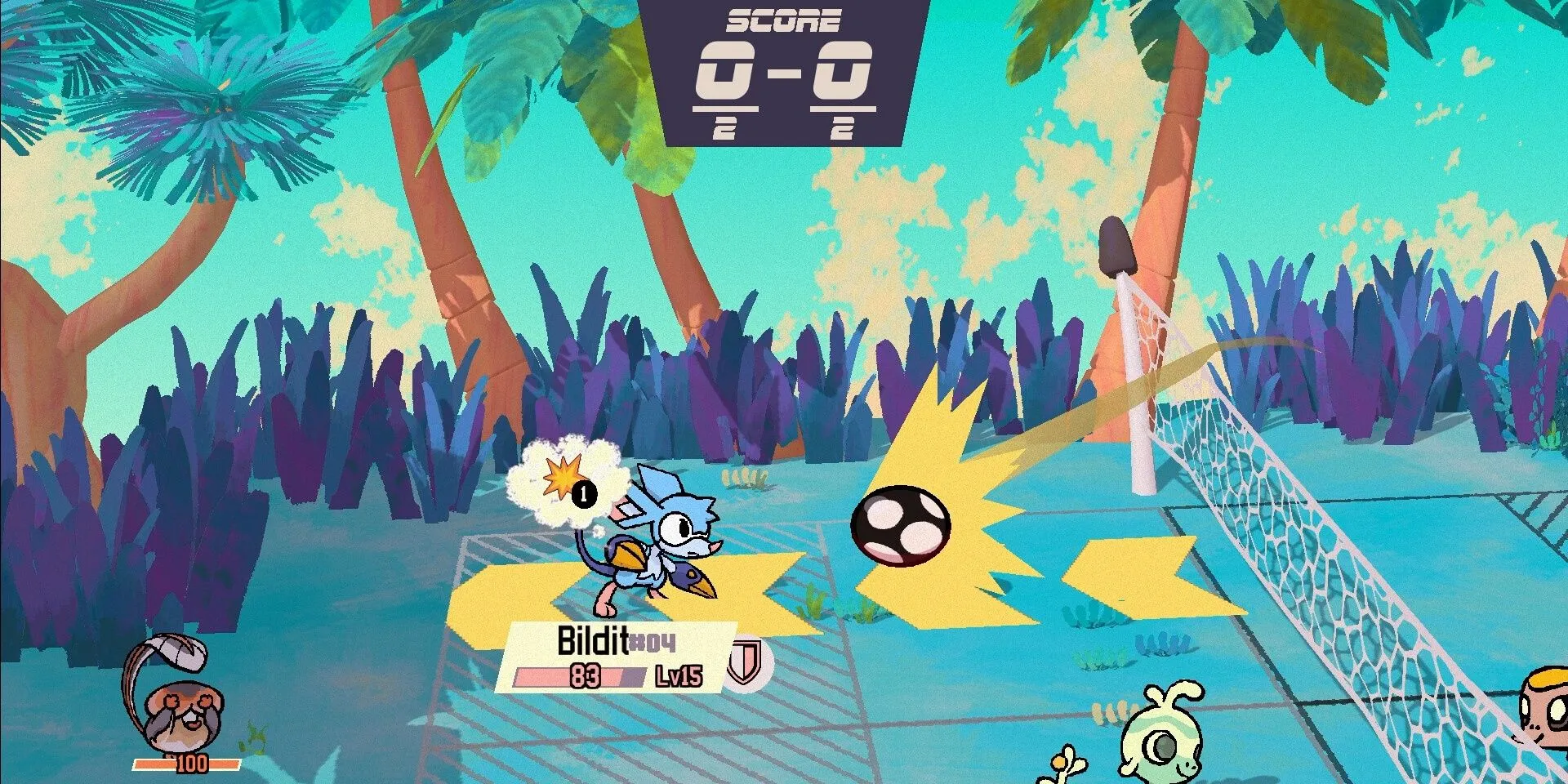 Gameplay bóng chuyền trong Beastieball, hiển thị hai quái vật ở mỗi bên lưới chuẩn bị thực hiện cú đánh