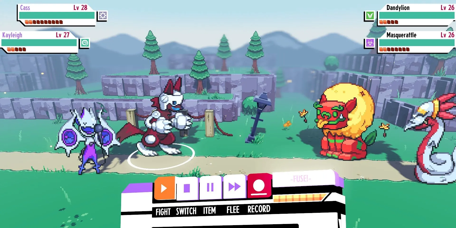 Gameplay chiến đấu theo lượt 2v2 trong Cassette Beasts, hiển thị quái vật và giao diện chiến đấu