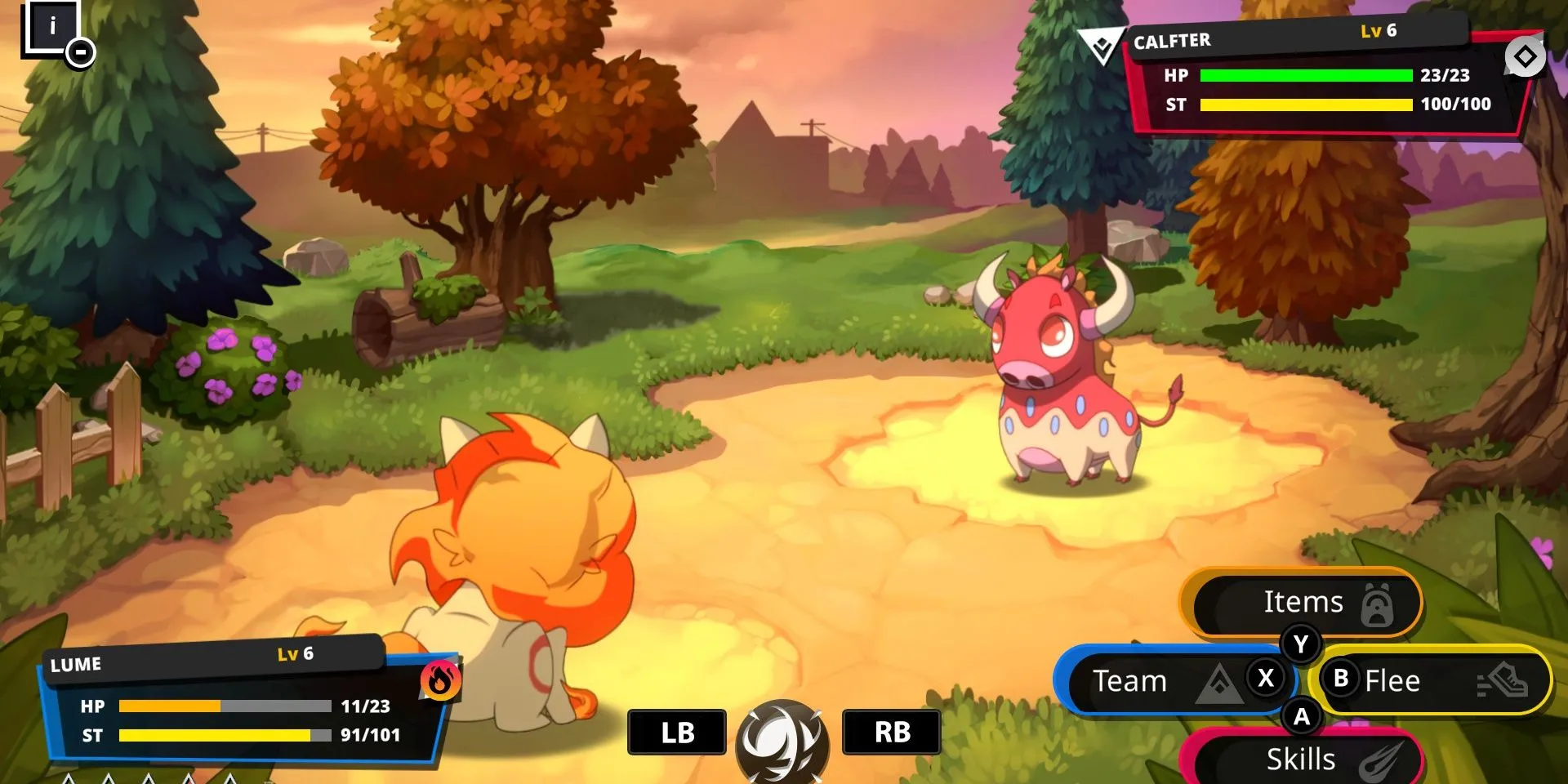 Gameplay chiến đấu theo lượt trong Nexomon: Extinction, hiển thị giao diện chiến đấu và HP/SP của quái vật