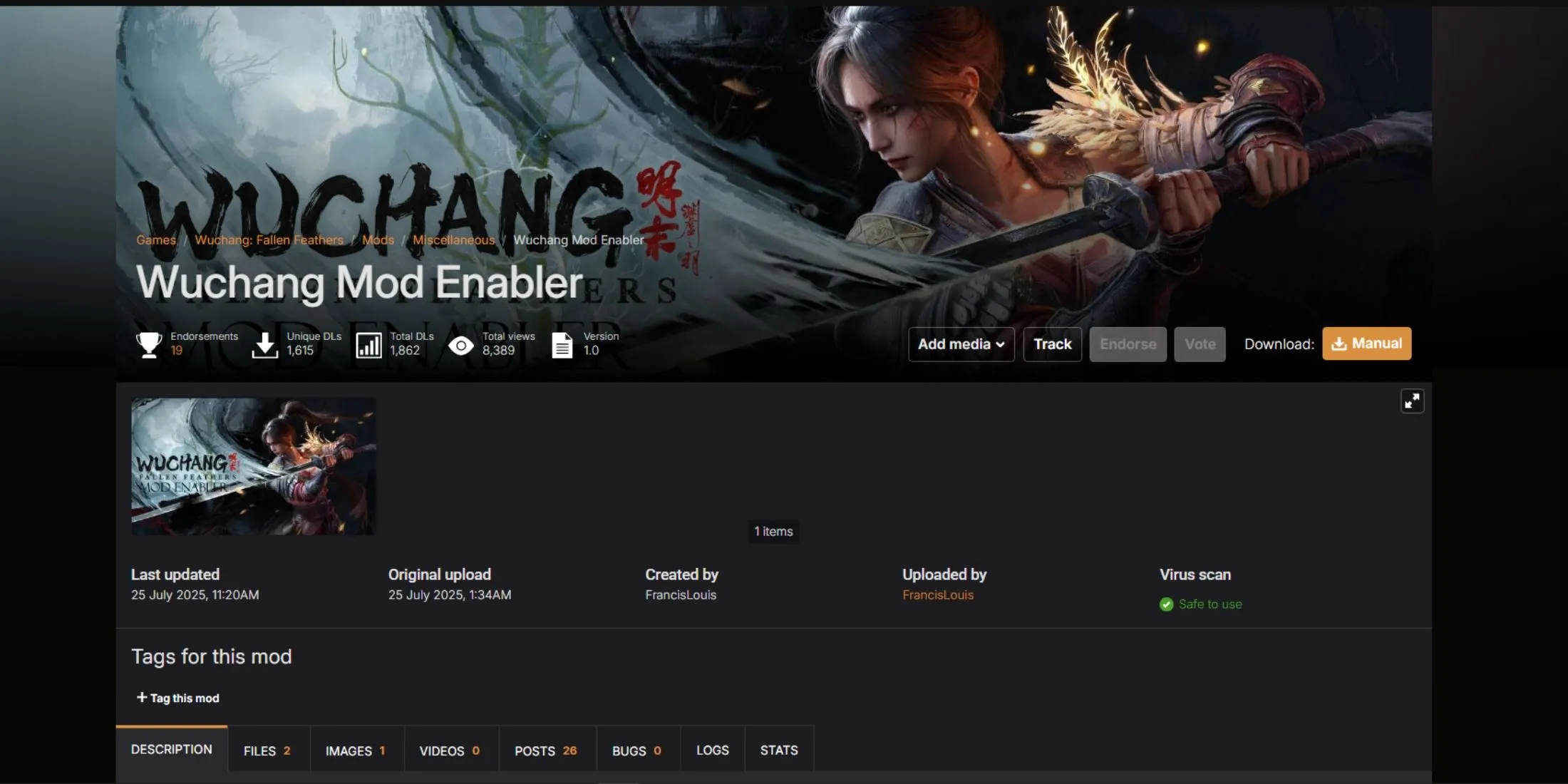 Giao diện của Wuchang Mod Enabler, công cụ thiết yếu để kích hoạt các bản mod trong game Wuchang: Fallen Feathers.