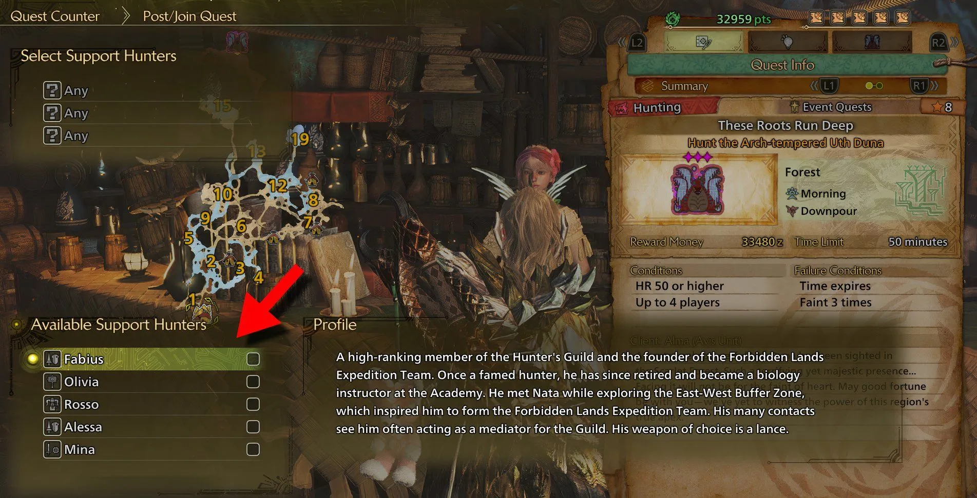 Giao diện lựa chọn Fabius làm thợ săn hỗ trợ trong Monster Hunter Wilds