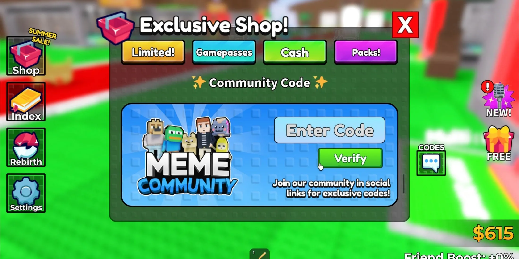 Giao diện màn hình đổi mã code trong game Steal a Meme Roblox