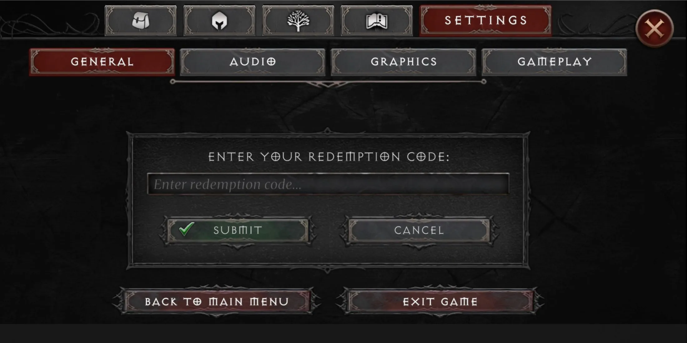 Giao diện nhập mã code trong game Vampire’s Fall 2, hướng dẫn đổi thưởng
