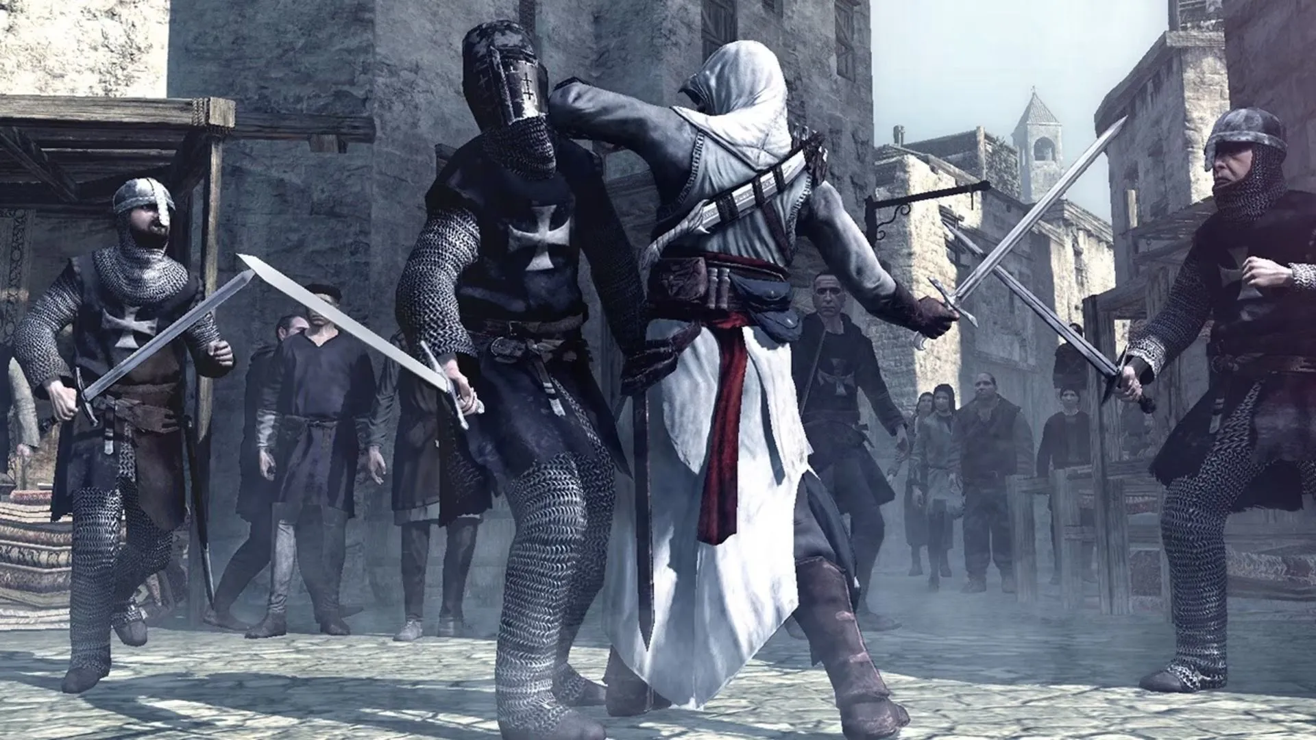 Góc nhìn từ trên cao của một thành phố cổ trong Assassin's Creed, thể hiện môi trường thế giới mở