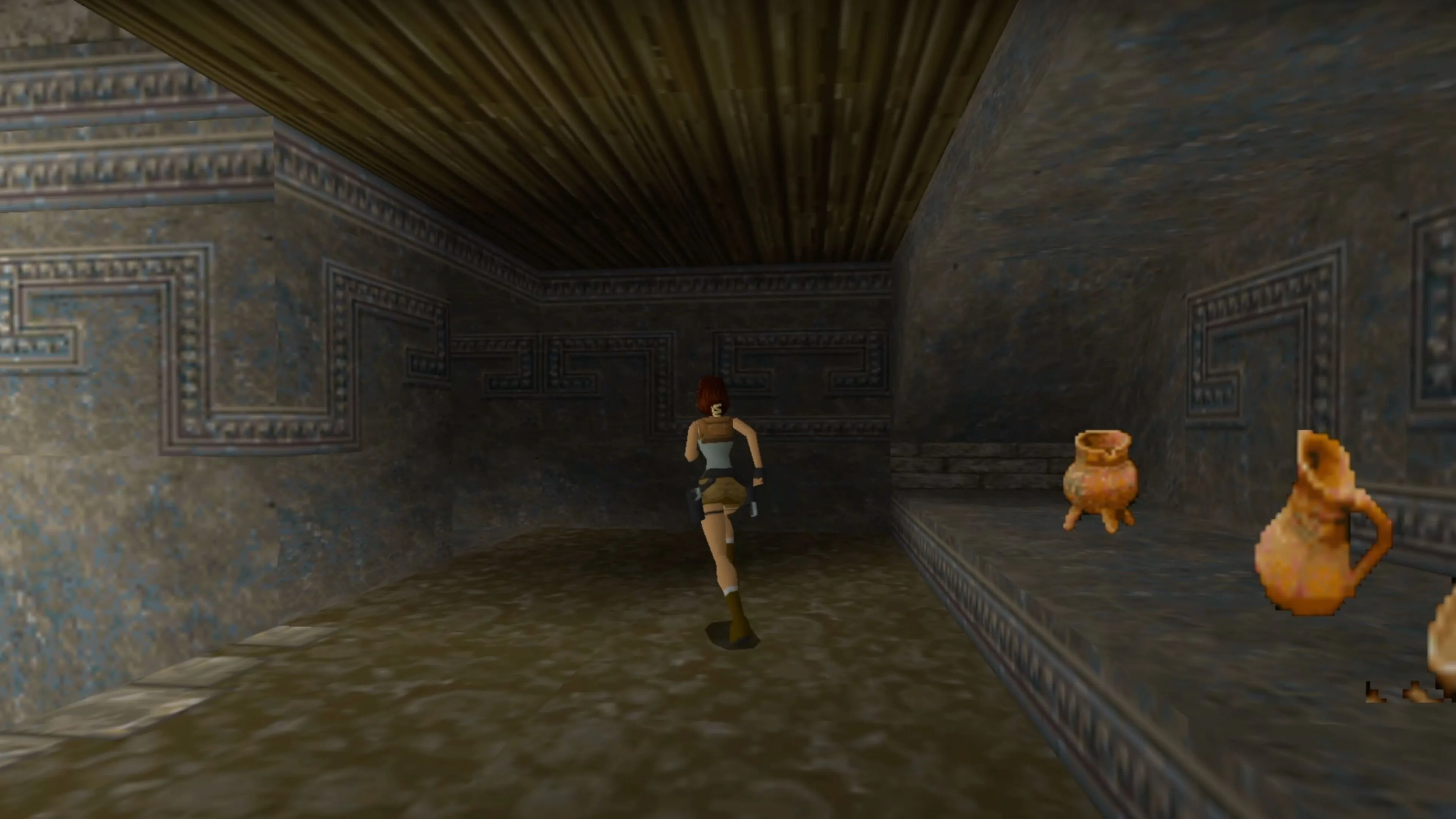Hành lang bên trong biệt thự Lara's Home, thể hiện chi tiết đồ họa môi trường của Tomb Raider trên PS1