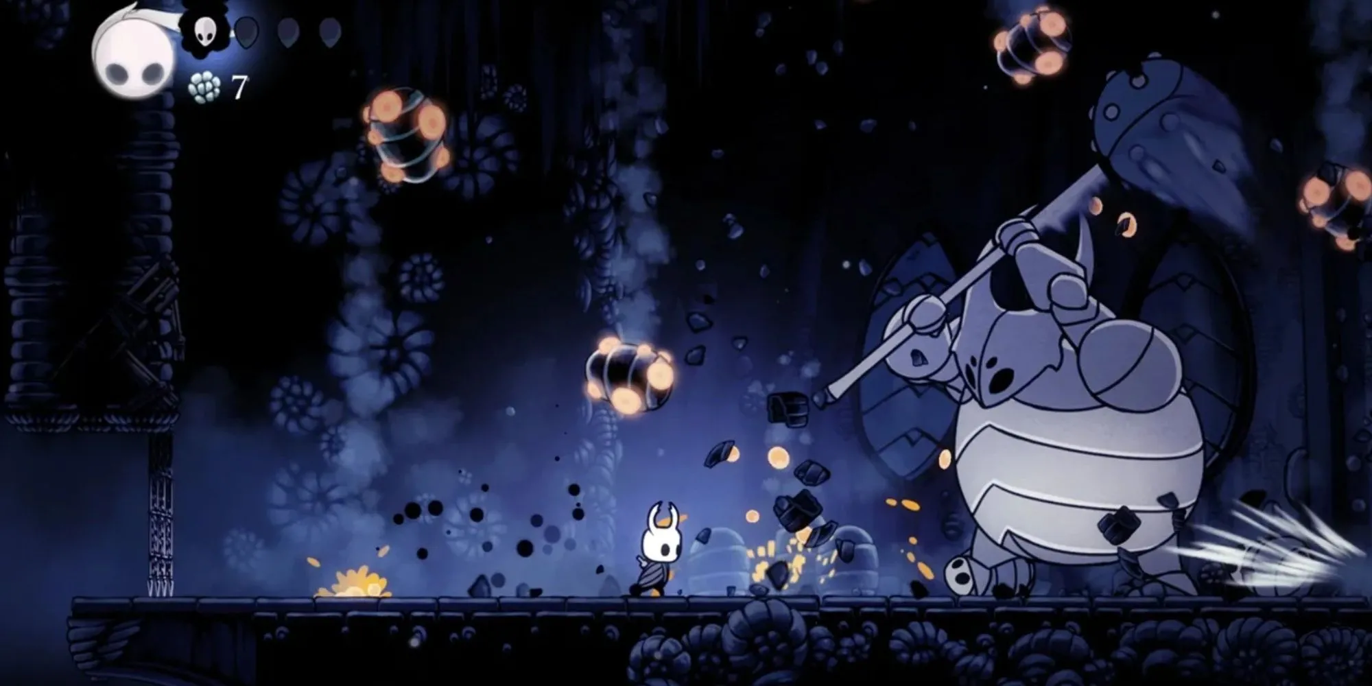 Hiệp sĩ Hollow Knight đứng trên mỏm đá nhìn xuống khu vực rộng lớn trong game